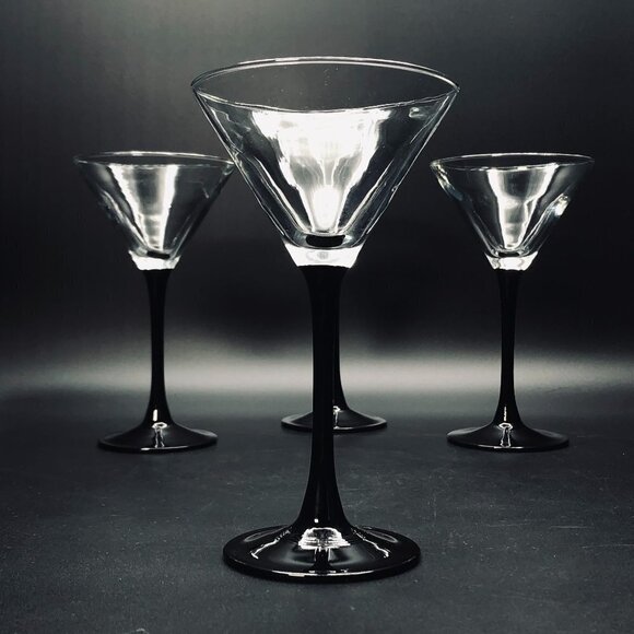 80s Black Stem Martini Glass set of 4 Cosmopolitan Domino Vintage Barware - Picture 1 of 11